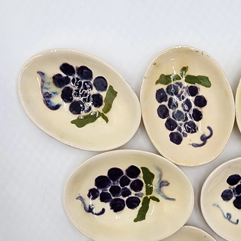 Vintage Hand Painted Ceramic Salt Cellars Purple Grapes Trinket Dishes Lot of 8